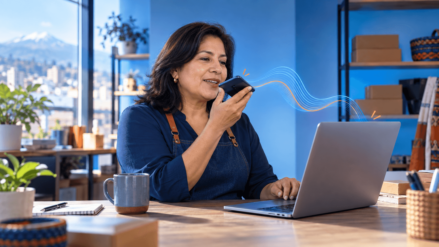 Comerciante ecuatoriana facturando por voz desde su celular junto a su computador