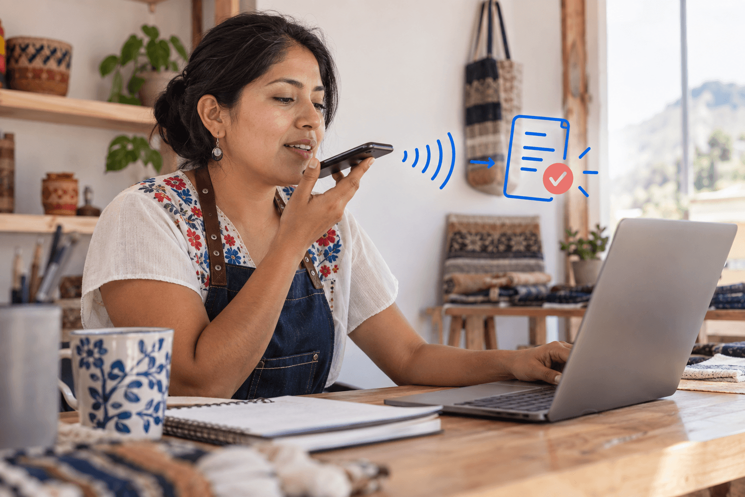 Emprendedora utilizando el asistente de voz de Market Mundi
